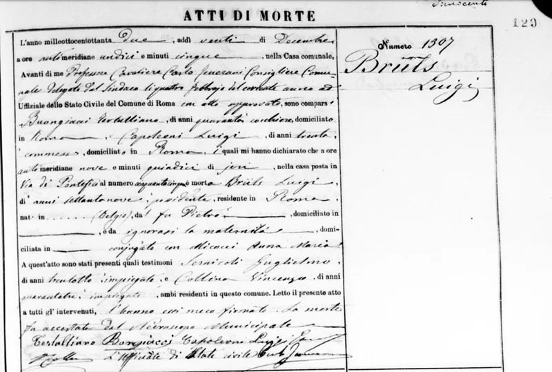 Acte de décès de Luigi Brüls, Rome, 1882